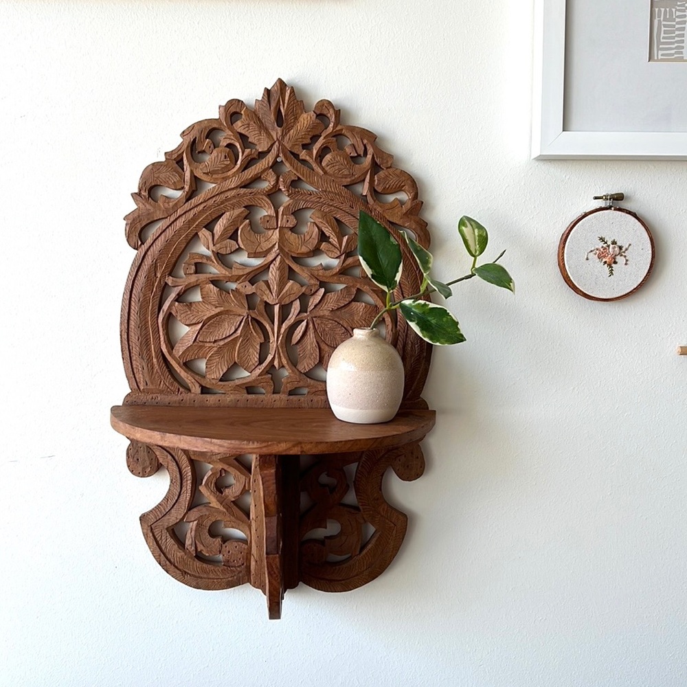 Vintage Ornate Carved Wood Hanging Shelf